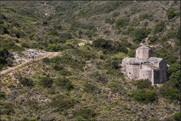 The restored church of Paleochora Castle near the village of Potamos