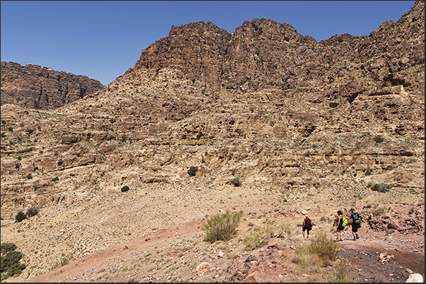 The trail from Dana village to Feynan crosses the reserve between high rock walls where there are some Nabatean tombs