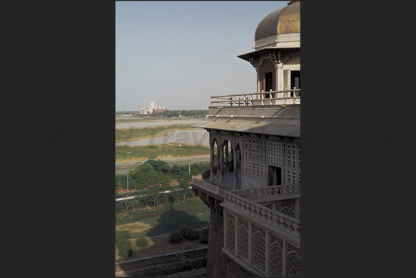 Agra. The Taj Mahal seen from the walls of the Agra Fort