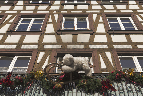 Strasbourg. During the Christmas period, the ancient houses are decorated with plush bears of various sizes