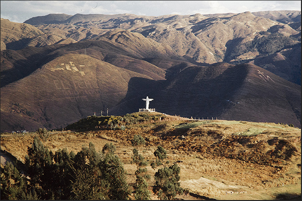 Chinchero plateau between Cuzco and the Urubamba river valley. The statue of San Juan protecting Cuzco