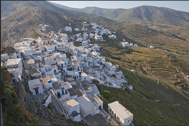 The town of Chora spreads out on the hillside overlooking the Livadi bay