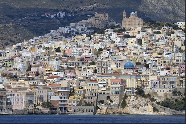 Ermoupoli. The church of the Assumption of the Virgin Mary (bottom) and above the church of the Resurrection of the Lord