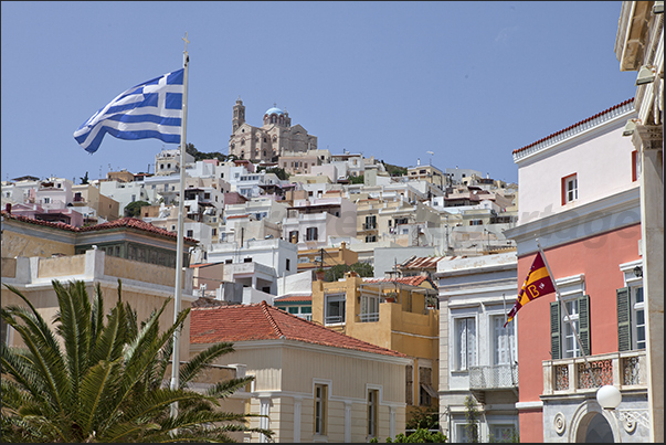 Ermoupoli, the capital of the island with, above, the church of the Resurrection of the Lord