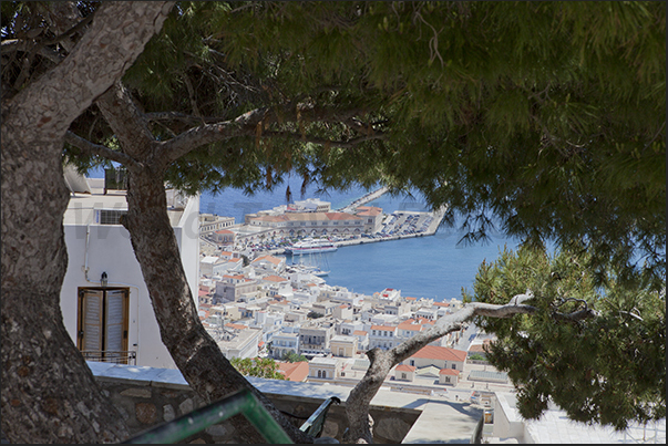 Panorama of the port of Ermoupoli where ferries dock sailing in the archipelago