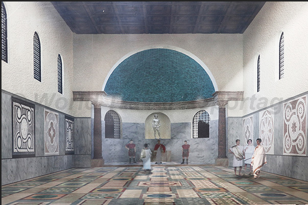 Computer graphics representation of the basilica of the villa in Roman times Computer graphics representation of the basilica of the villa in Roman times