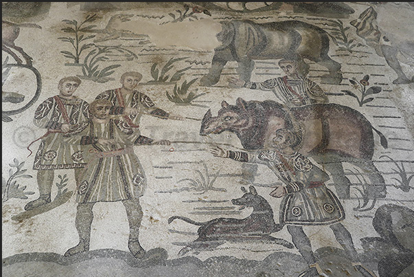 Corridor of the Great Hunt, capture of exotic animals such as a lion and a rhinoceros Corridor of the Great Hunt, capture of exotic animals such as a lion and a rhinoceros