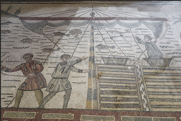 Corridor of the Great Hunt, fishermen on a boat at sea with the most common types of fish caught at the time Corridor of the Great Hunt, fishermen on a boat at sea with the most common types of fish caught at the time