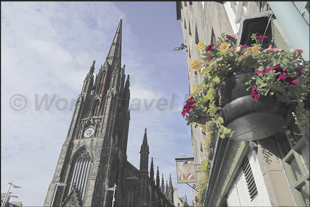Gothic church tower at the start of Castle Hill Road leading to the castle