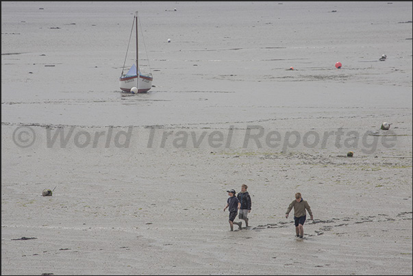 Someone is walking back from the oyster fields through a sea of mud