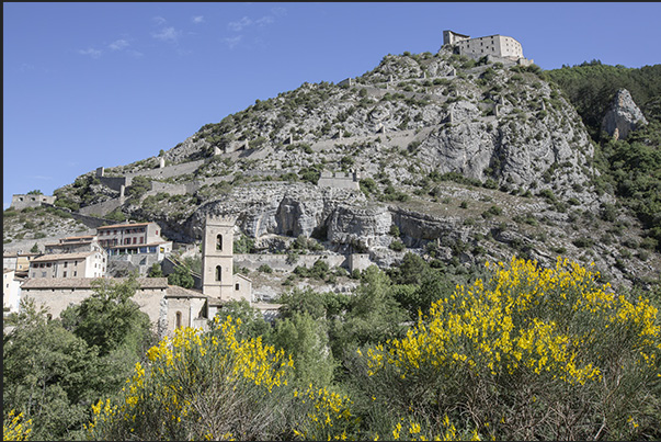 The village of Entrevaux and on the rocky hill the fortress with the long zigzag climb