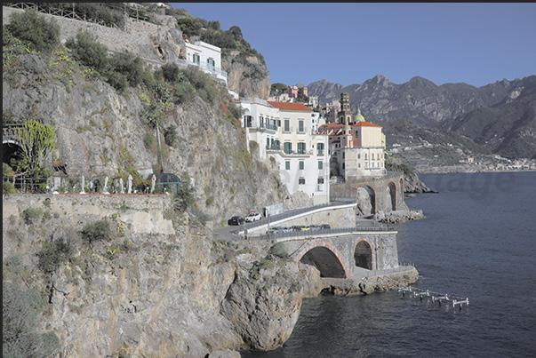 The colorful houses perched on the hillside of the charming town of Amalfi.