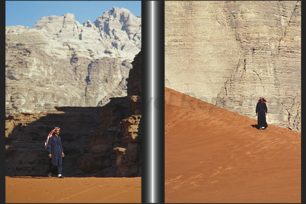 Two steps on the red sand dunes that characterize the Wadi Rum