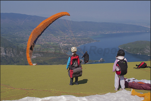 Annecy Lake, the starting point for paragliders at Col de la Forclaz above the village of Angon (south east coast of the lake)
