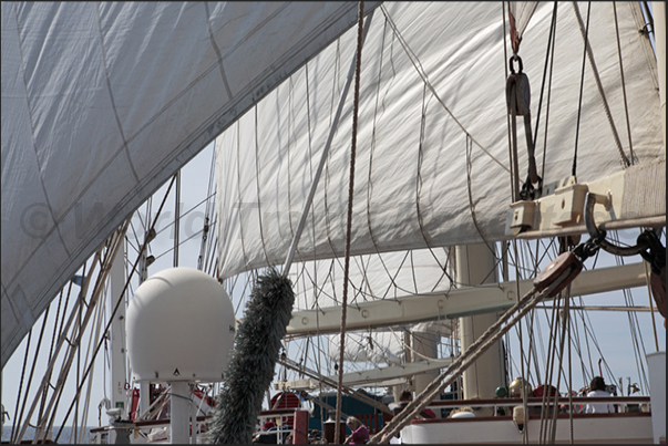 On the bridge deck, the captain teaches the passengers on the name of the sails and the concepts of navigation