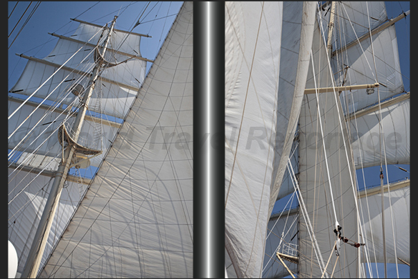 The square sails on the fore mast and main topgallant staysail