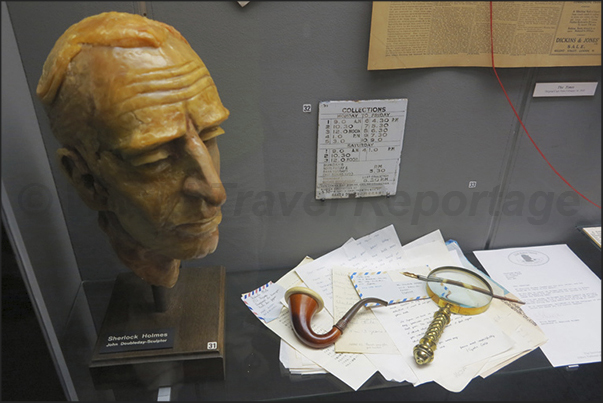 Sherlock Holmes and some of his characteristic objects as pipe and magnifying glass