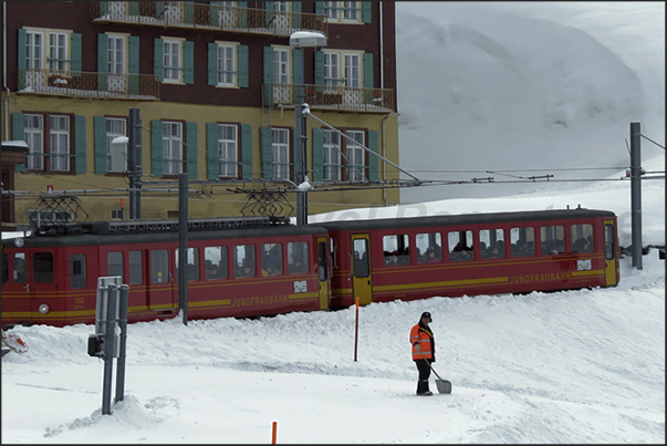 Kleine Scheidegg. The train that goes up to the Jungfraujoch, the highest train station in Europe (3454 m)