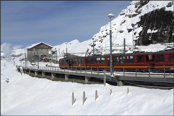 The Jungfraujoch train before entering the long tunnel dug in the mountains Eiger and Monch