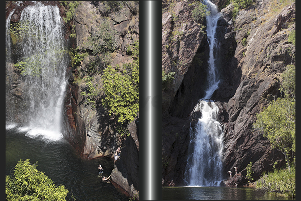 Wangi Falls (left) and Florence Falls. Waterfalls in the forest with a series of natural pools where is possible to swim safely