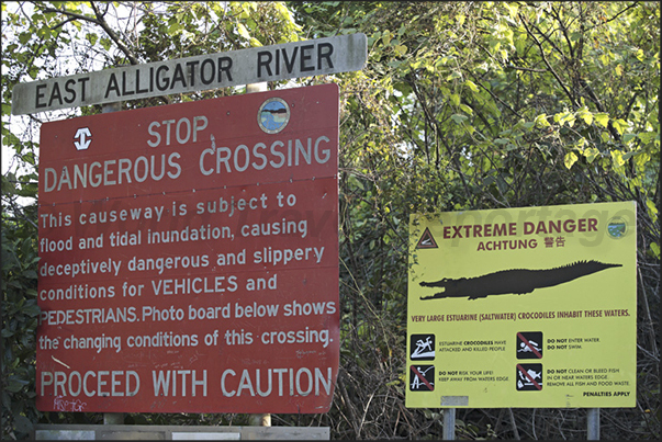 Crocodile warning signs on the road that crosses the Kakadu National Park