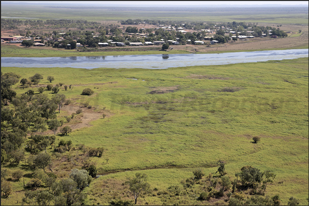 View of the marshland called, from the Aboriginal people, the Billabong and the town of Gumbalanya (Oenpelli)
