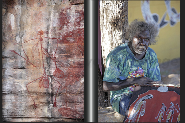 Cave painting (left) and Aboriginal artist in the center of art and culture of Injalak. Gumbalanya (Oenpelli).