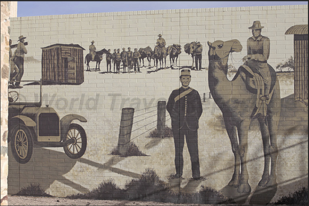 Alice Springs. The history of communications through the desert on a mural of the town