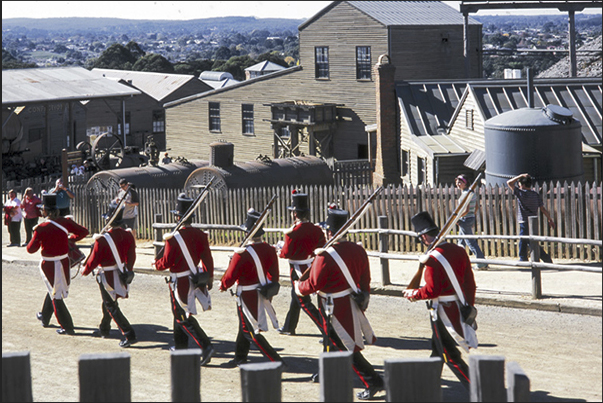 Sovereign Hill, near Ballarat. Soldiers in the streets of the country