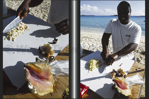 Conch Shack. Preparation of the Conch, typical dish of the island, consisting of chopped vegetables together with a clam shell