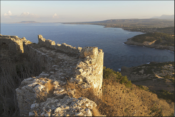 Panorama from the ruins of the Navarino Castle and, on the horizon, the island of Proti in front of the harbour of Marathopoli