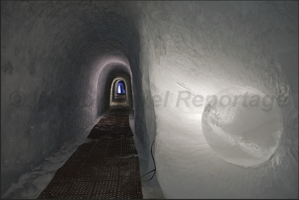 The corridors dug into the glacier leading to the halls of ice sculptures