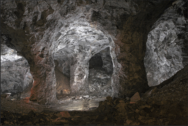 Gypsum mine. Three columns tens meters high, supporting the rocky ceiling