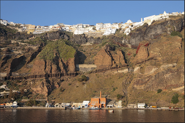 The old port of Santorini (below) and the town of Thira (top) on the edge of the ancient volcano