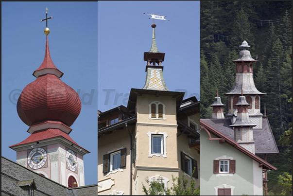 The architecture of towers in Ortisei town