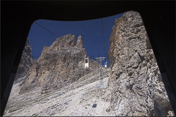 Ascent by cable car from Passo Sella to refuge Demetz