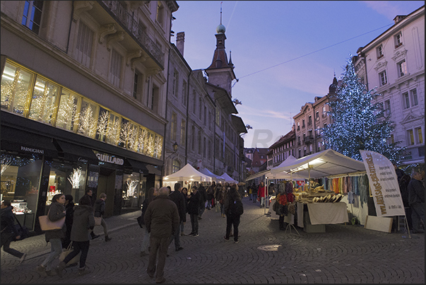 Stands of the Christmas market on the Place de la Palud