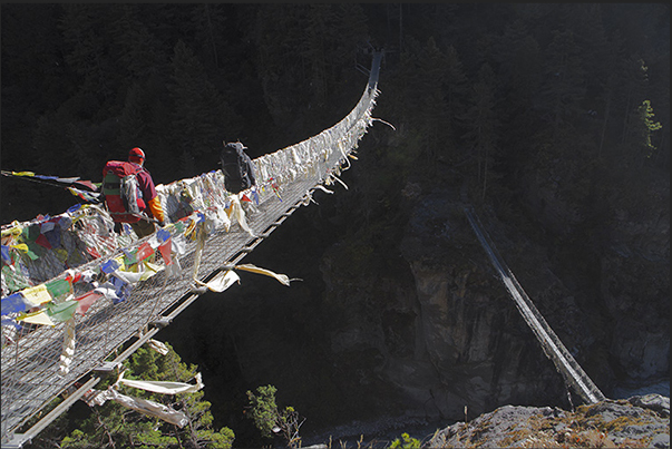 The two suspension bridges to Larja Dobhan at the confluence of the valleys of the rivers Bhote Koshi and Dudh Koshi