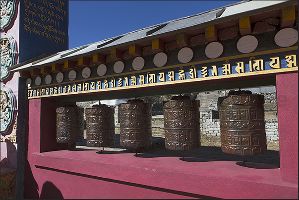 Prayer cylinders at the entrance to Tengboche Monastery