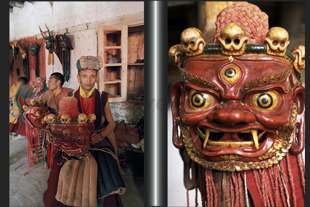 The monks dance in their traditional costumes, wearing heavy wooden masks
