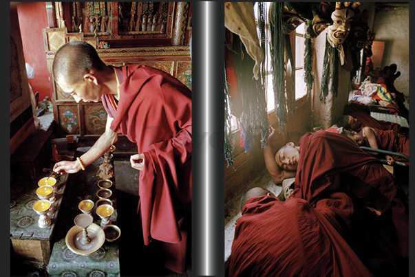 While a monk lights the candles to pray, in another room other monks resting after dancing