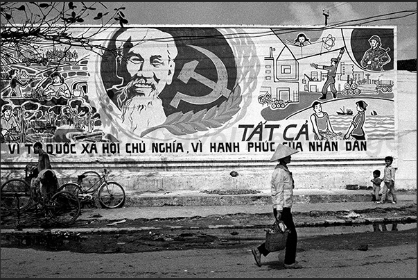 Murals in the city of Haiphong that reminiscent leader Ho Chi Ming