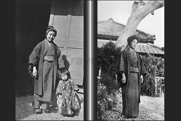 Japan. Yokohama. A woman, child and a young girl in typical dresses